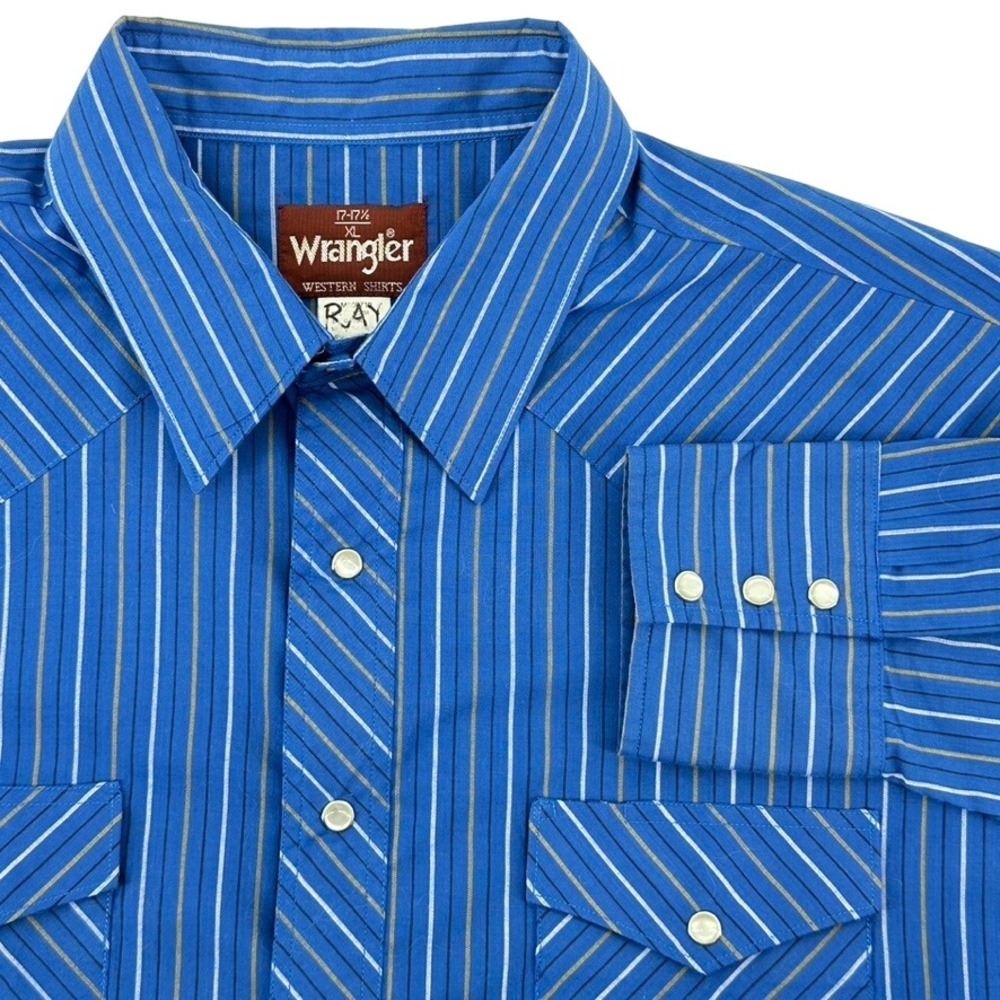Wrangler Western Shirt Blue Stripe Pearl Snaps Long‎ Sleeve Mens XL 17-17.5